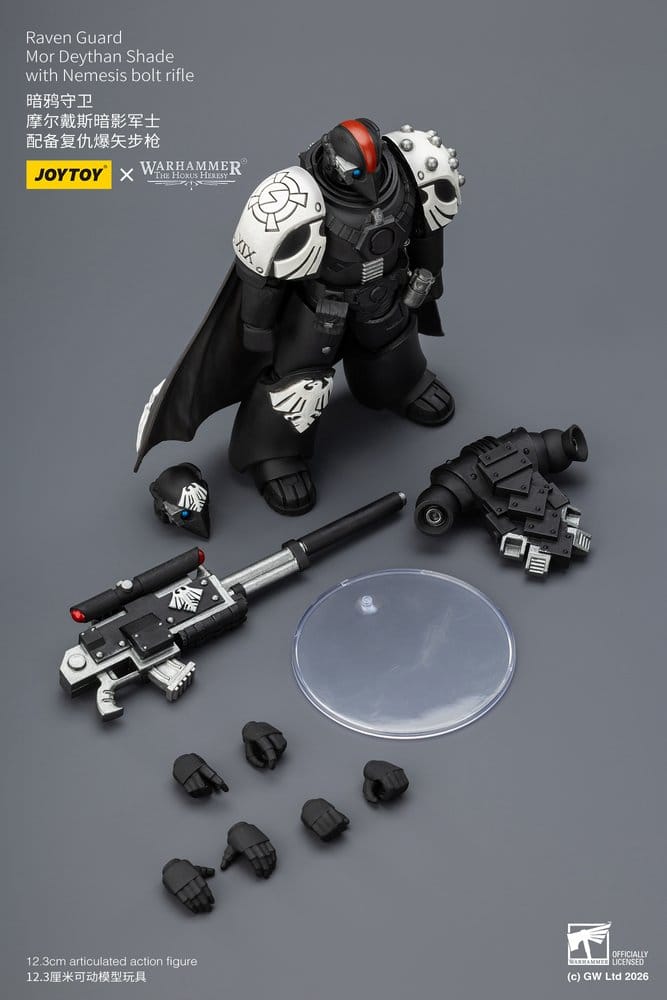 JoyToy Raven Guard Mor Deythan Shade 12 cm action figure with rifle, spare hands, backpack and display stand laid out