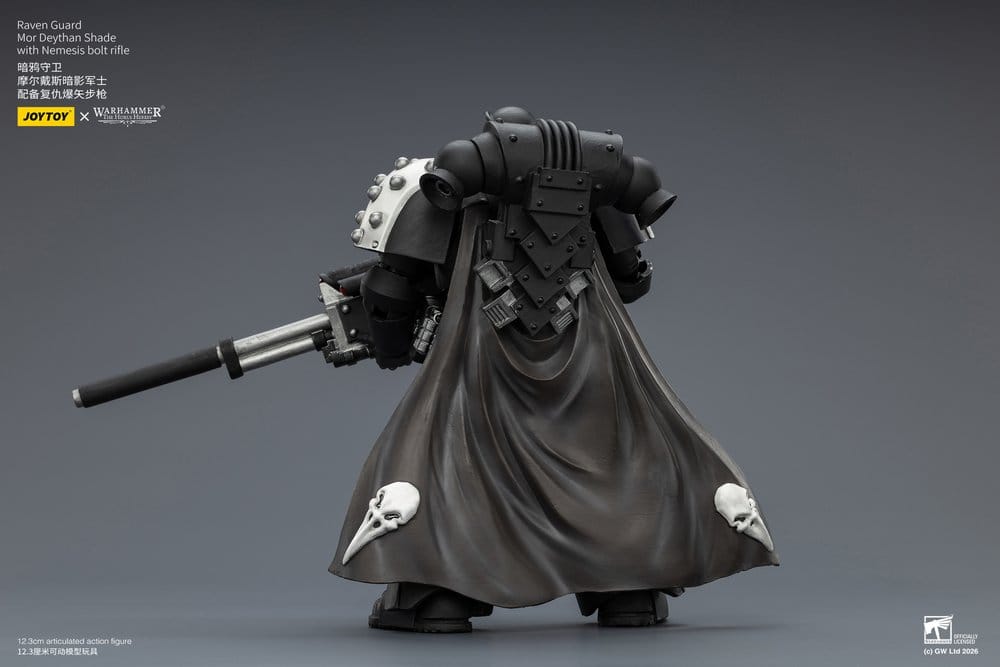 JoyToy Raven Guard Mor Deythan Shade 12 cm action figure, back view showing cloak and slung rifle