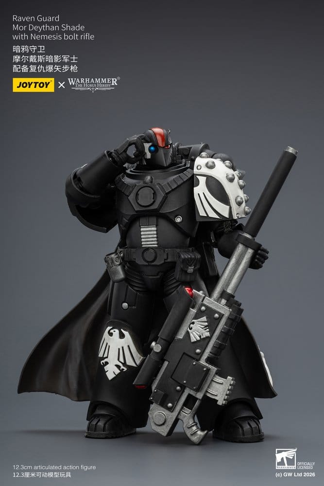 JoyToy Raven Guard Mor Deythan Shade 12 cm action figure, standing with rifle held upright, hand to helmet