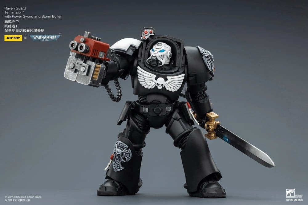 JoyToy Raven Guard Terminator 1 14 cm action figure, storm bolter raised, power sword lowered, wide view