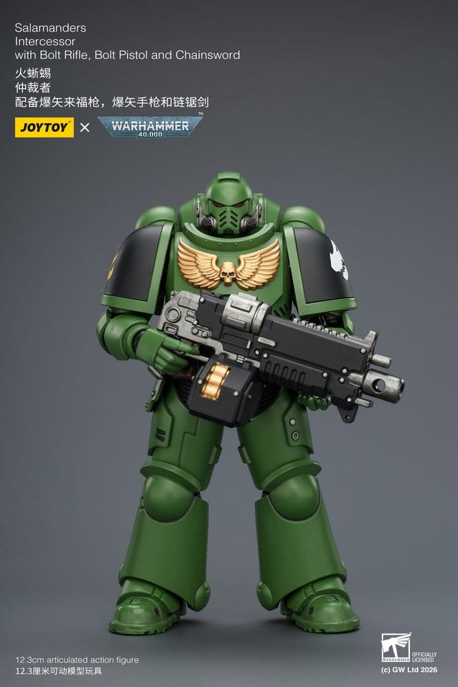 JoyToy Salamanders Intercessor 12 cm action figure, holding bolt rifle, angled front view on grey background