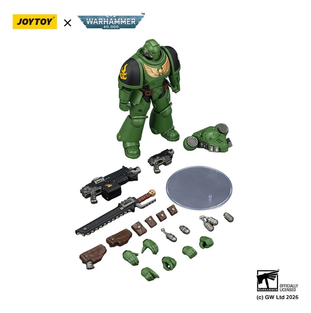 JoyToy Salamanders Intercessor 12 cm action figure with spare hands, weapons and clear display stand laid out