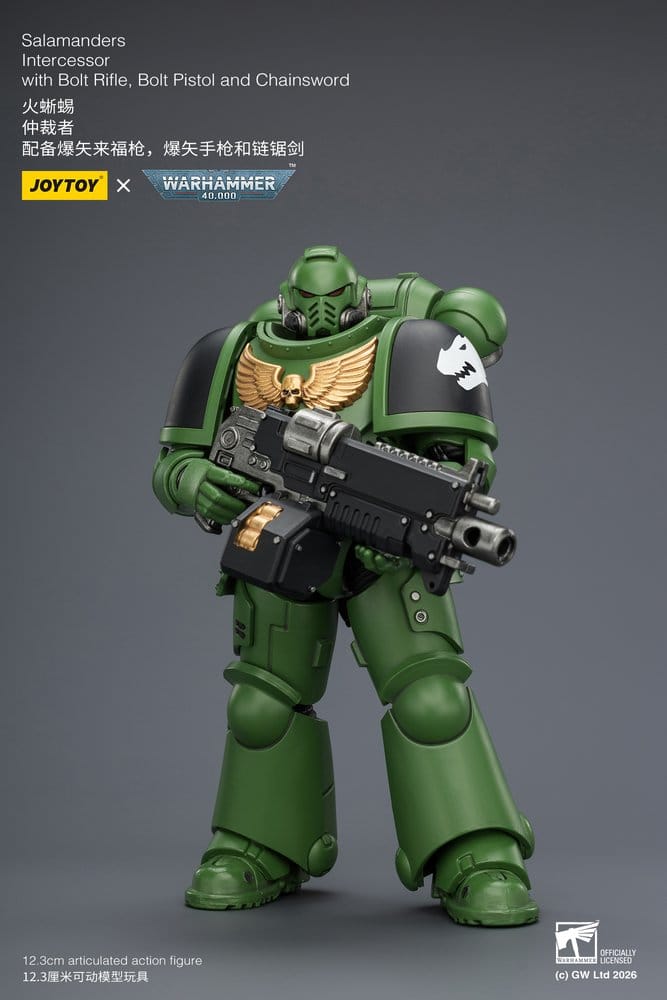 JoyToy Salamanders Intercessor 12 cm action figure, holding bolt rifle, front view on grey background