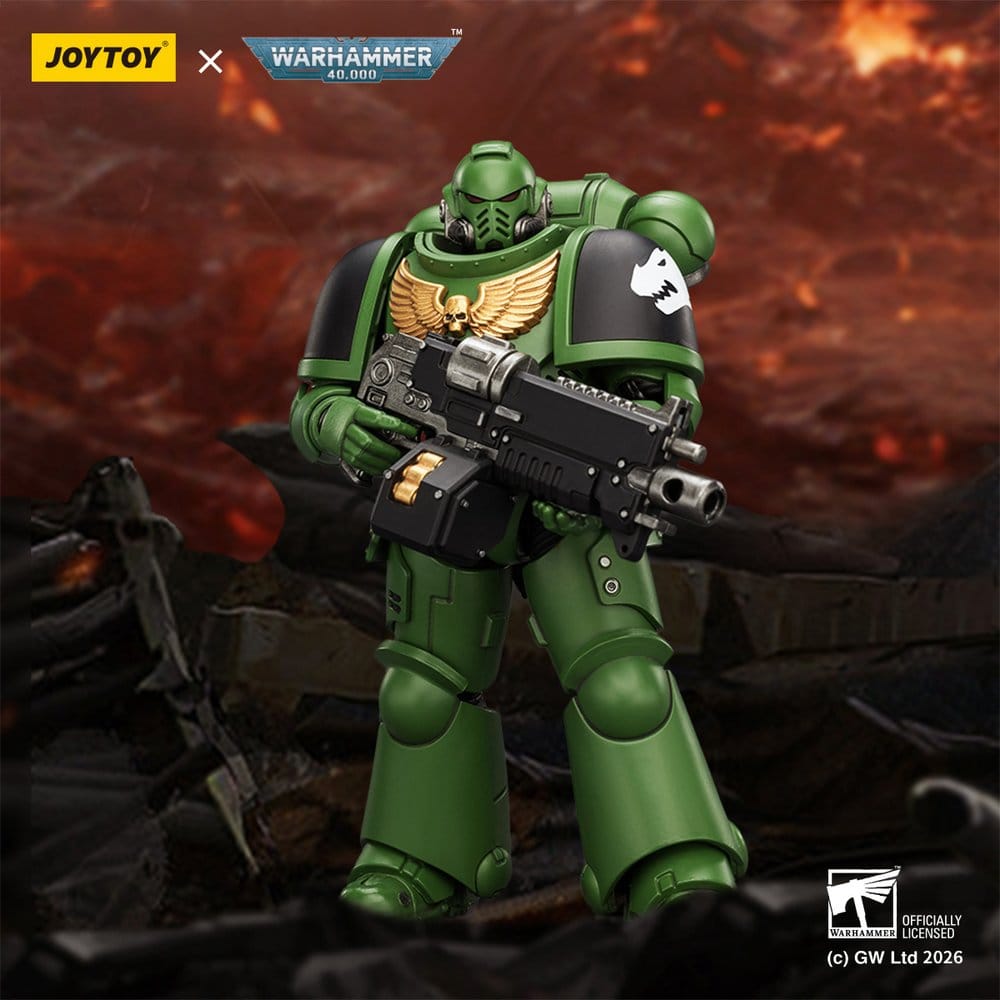JoyToy Salamanders Intercessor 12 cm action figure, holding bolt rifle against a fiery battlefield backdrop