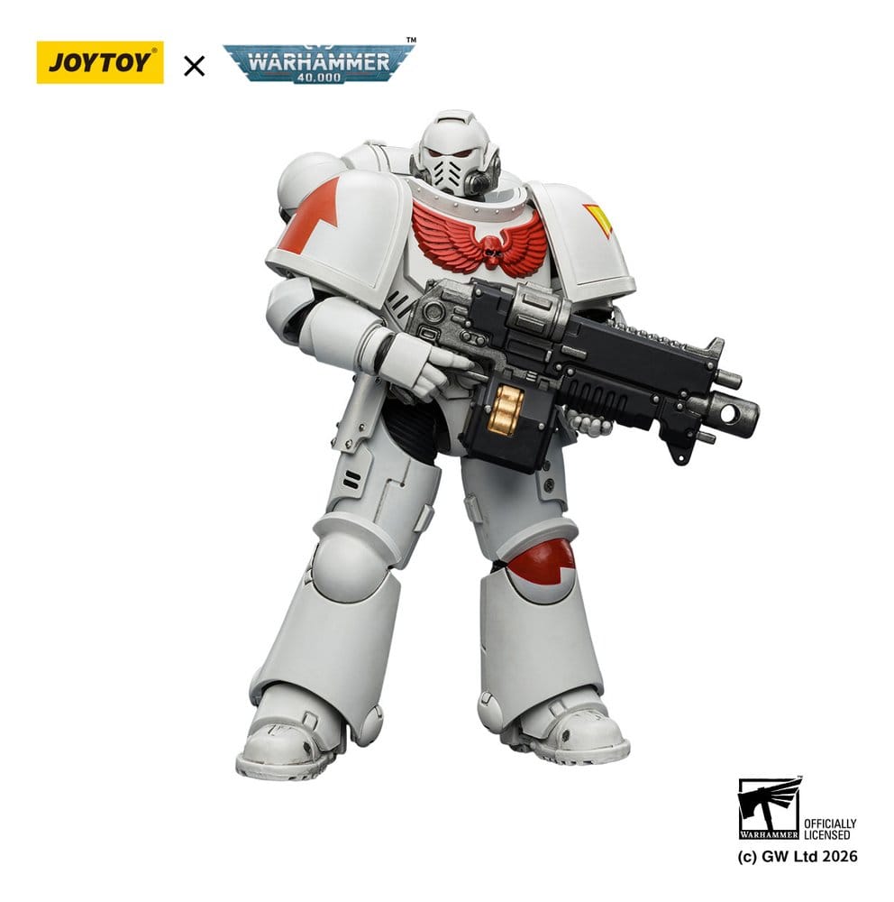 JoyToy White Scars Intercessor 12 cm action figure, holding bolt rifle, front view, white background