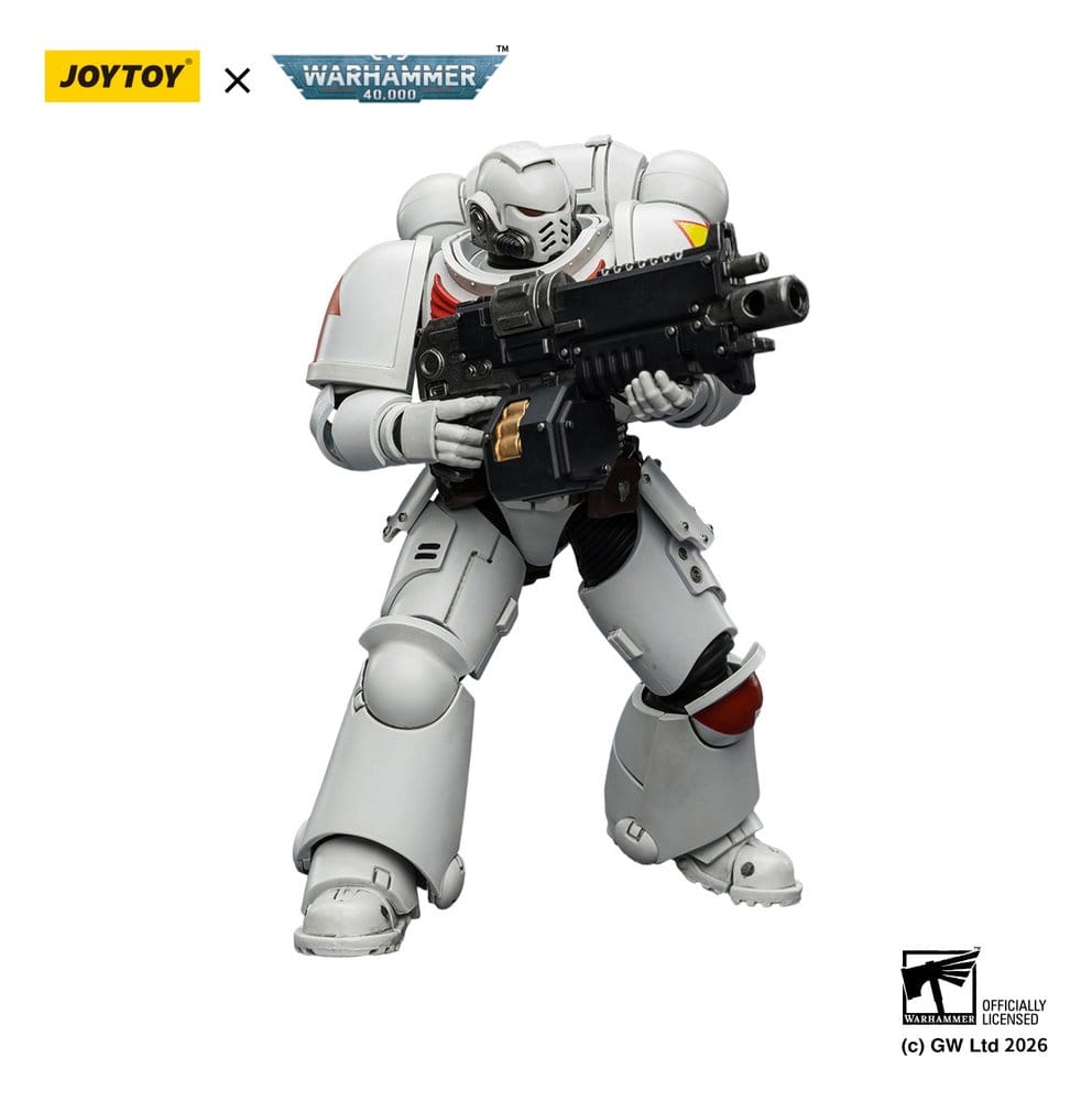 JoyToy White Scars Intercessor 12 cm action figure, advancing with bolt rifle, angled view, white background