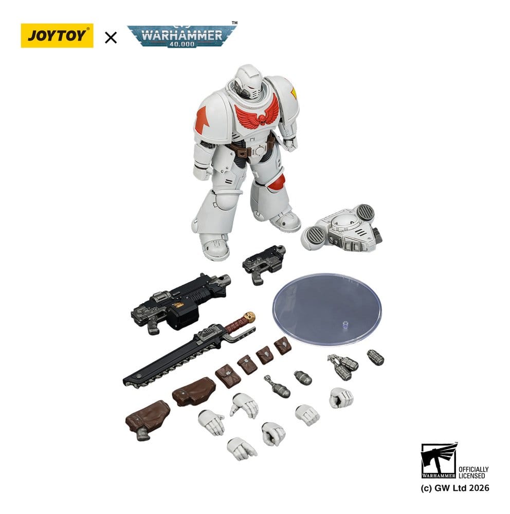 JoyToy White Scars Intercessor 12 cm action figure with spare hands, weapons and clear display stand laid out
