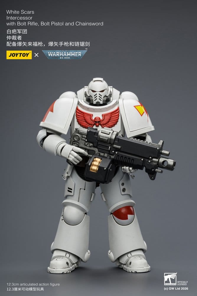 JoyToy White Scars Intercessor 12 cm action figure, holding bolt rifle, angled front view on grey background