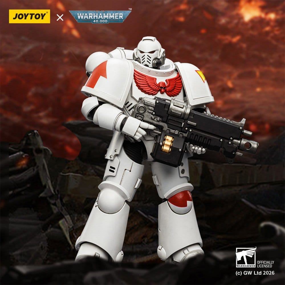 JoyToy White Scars Intercessor 12 cm action figure, holding bolt rifle against a fiery battlefield backdrop