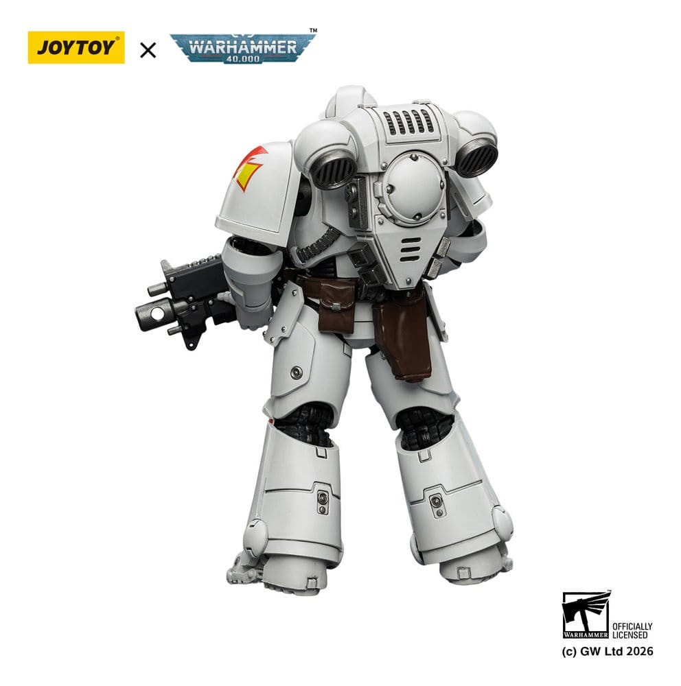 JoyToy White Scars Intercessor 12 cm action figure, back view showing backpack and holster, white background