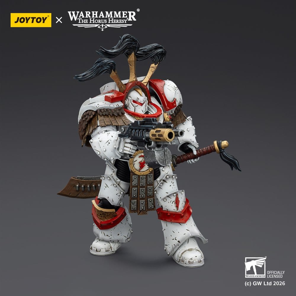 JoyToy White Scars Cataphractii Legion Praetor 14 cm figure, helmeted, aiming combi-melta, dark background