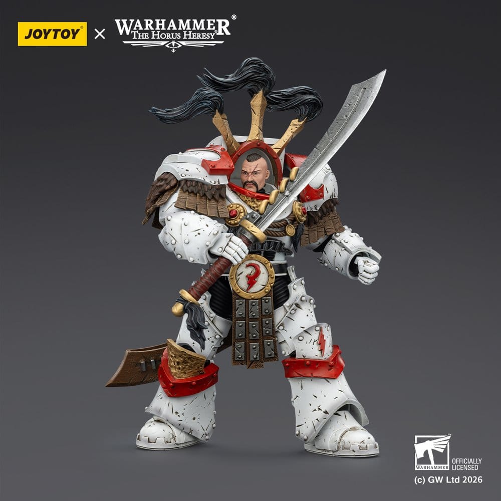 JoyToy White Scars Cataphractii Legion Praetor 14 cm figure, bare-headed, Chogorian sword raised, dark background