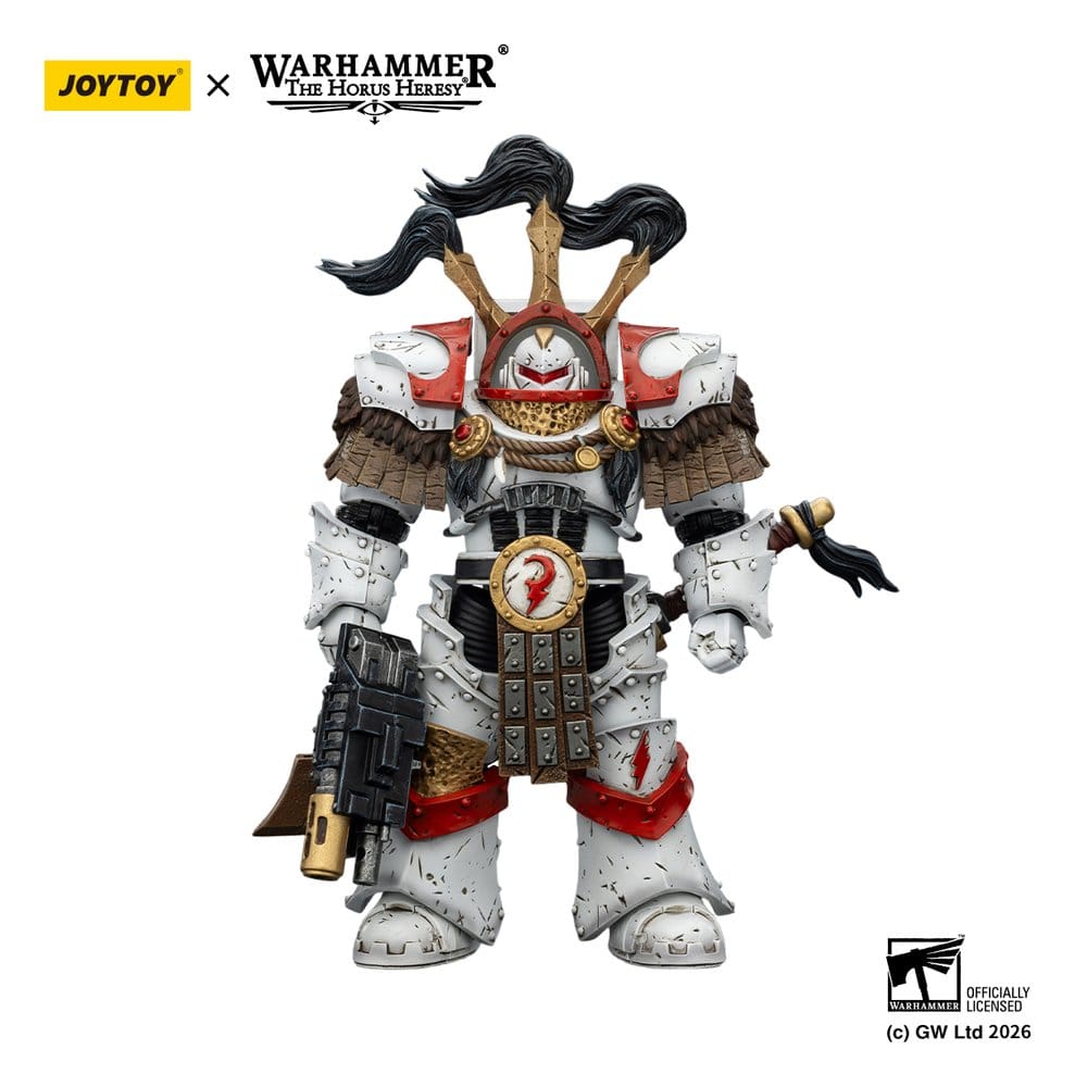 JoyToy White Scars Cataphractii Legion Praetor 14 cm figure, helmeted front view with combi-melta, white background