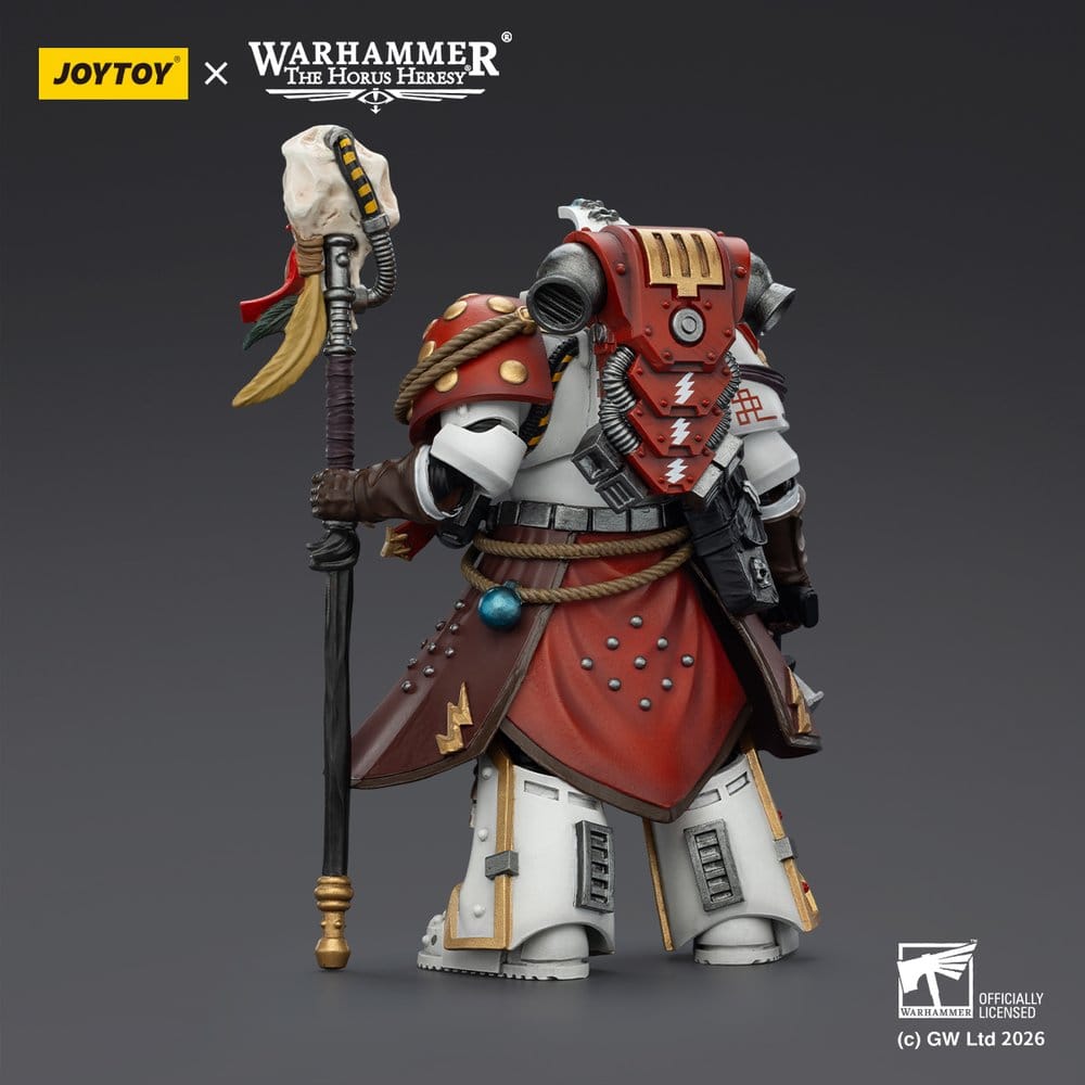 JoyToy White Scars Stormseer Consul 12 cm action figure, back view showing robes and staff, dark background