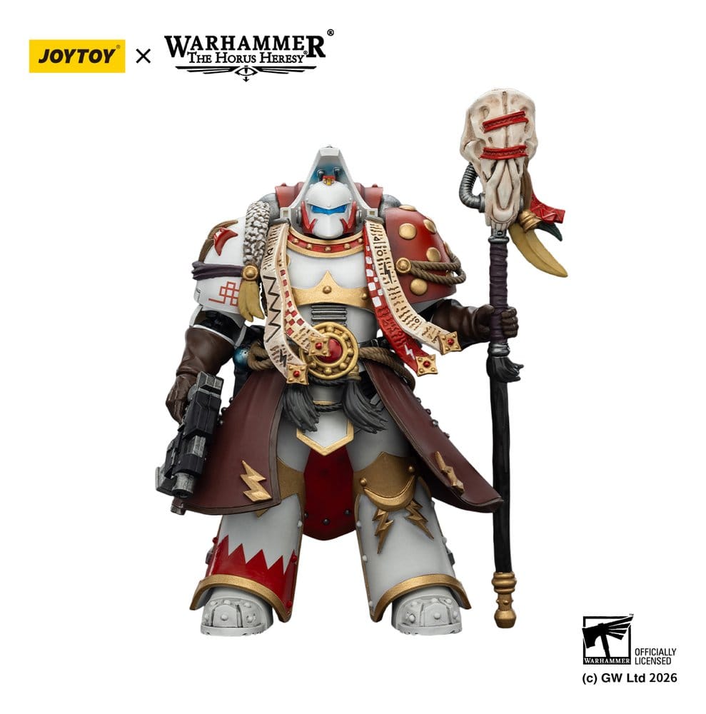 JoyToy White Scars Stormseer Consul 12 cm action figure, helmeted front view with force staff, white background