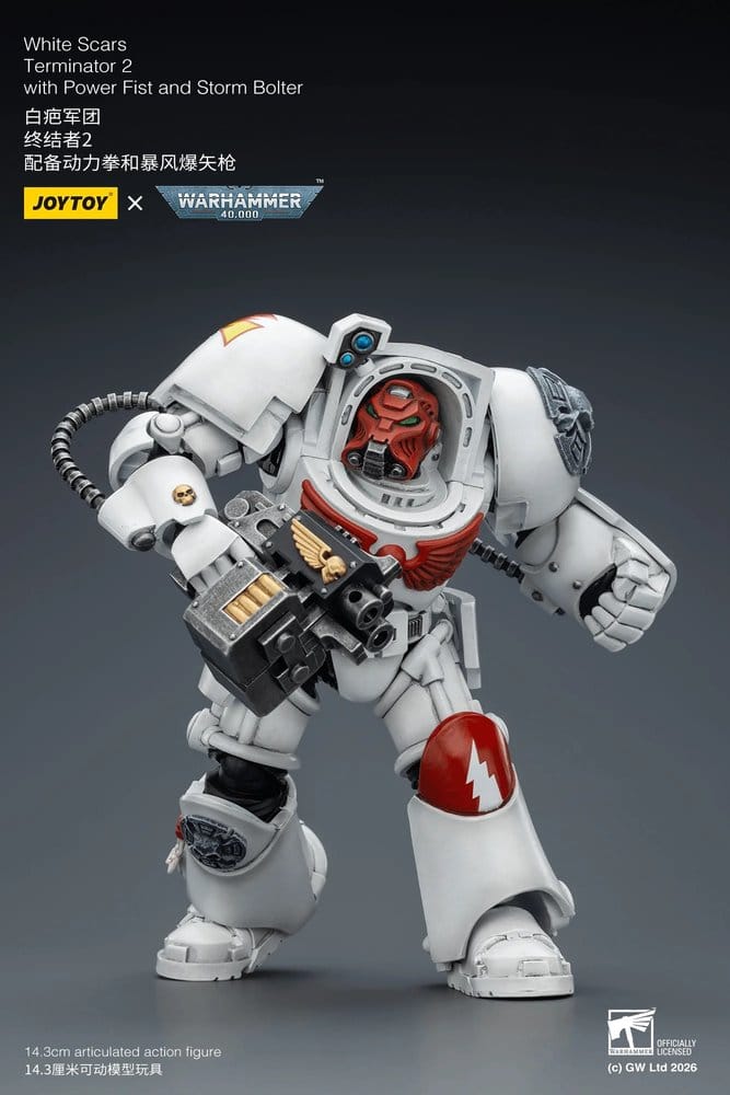 JoyToy White Scars Terminator 2 14 cm action figure, storm bolter raised to shoulder, grey background