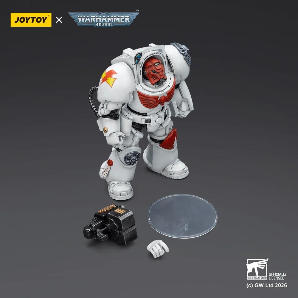 JoyToy White Scars Terminator 2 14 cm action figure with storm bolter, spare hand and display stand, dark background