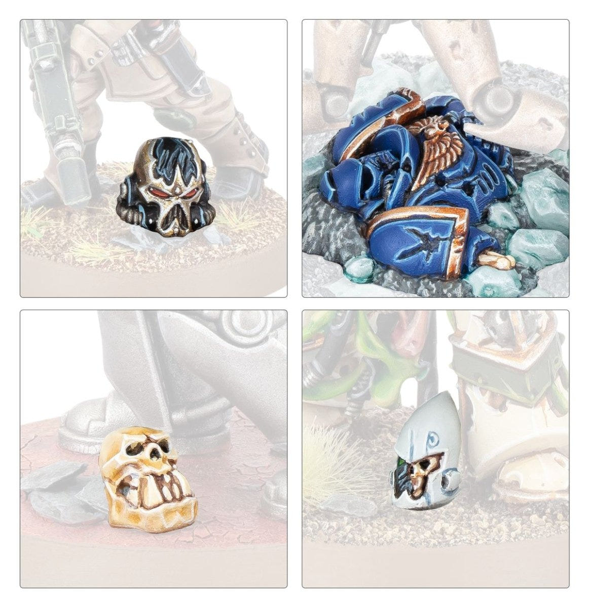 Close-ups of painted Battlefield Trophies skulls and a fallen Space Marine helmet used on miniature bases