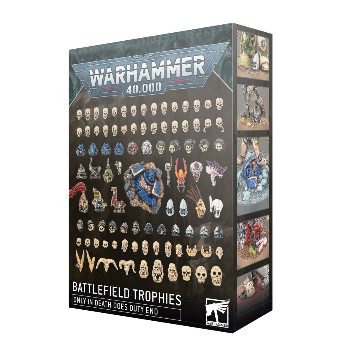 Games Workshop Warhammer 40,000 Battlefield Trophies box front showing rows of skulls, heads and helmets