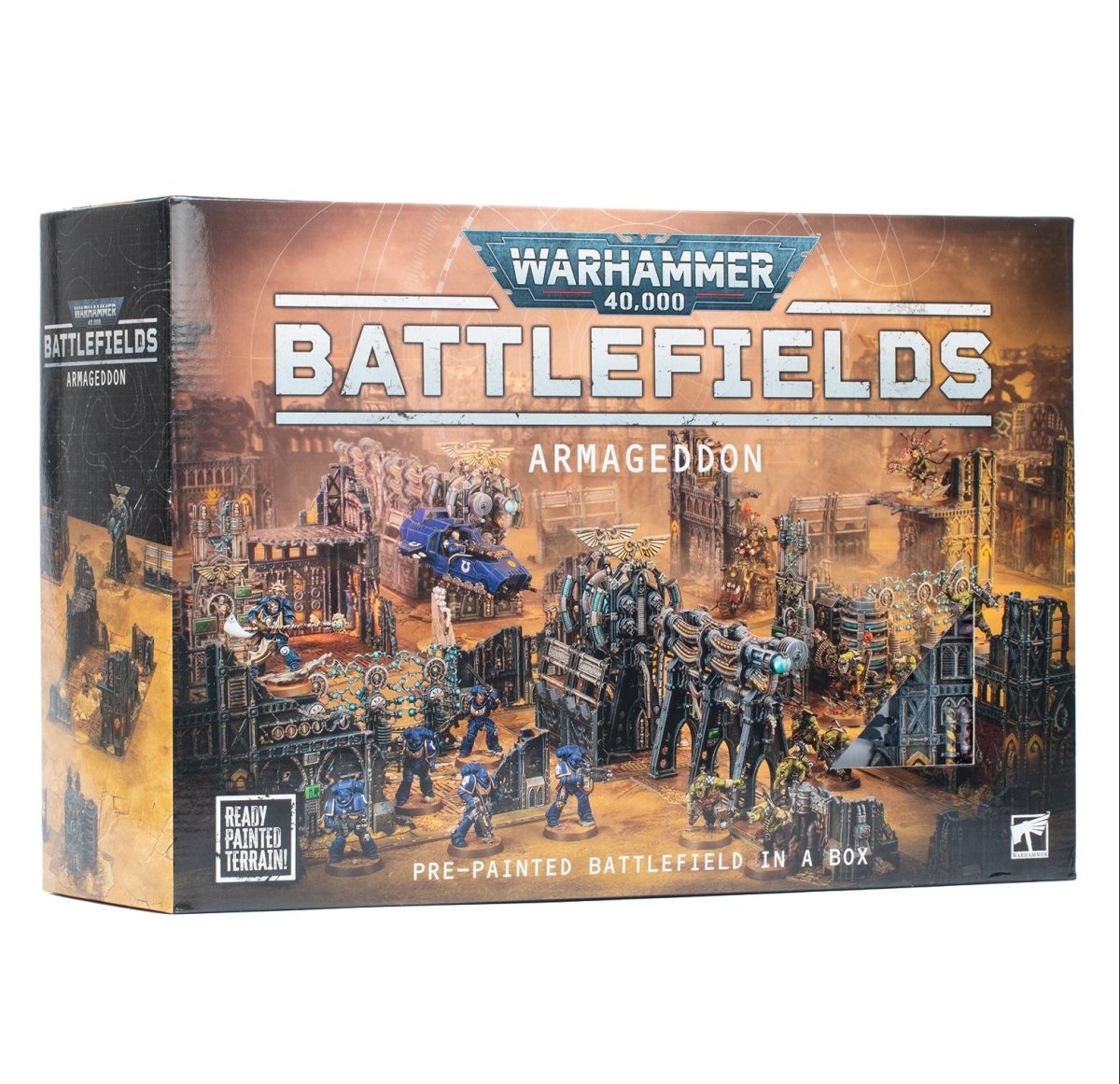Warhammer 40,000 Battlefields Armageddon pre-painted battlefield box by Blaptrix Games, featuring detailed sci-fi battle scene artwork on the front and side panels.