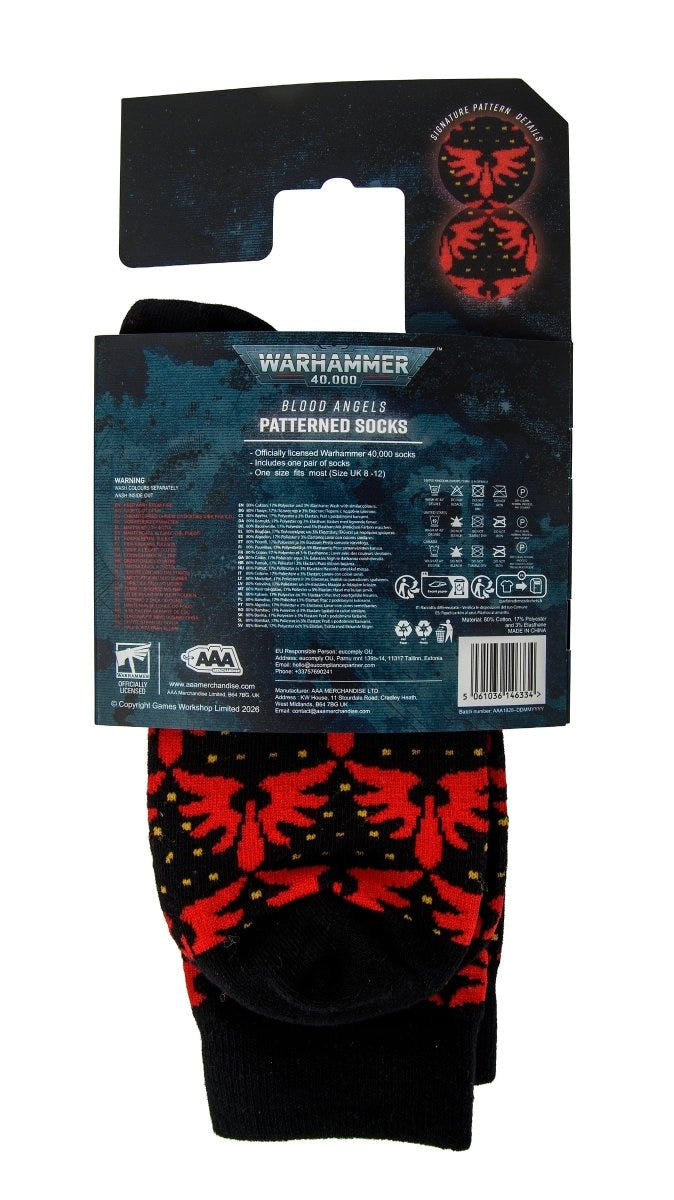 Back of the Warhammer 40,000 Blood Angels socks hanging card packaging