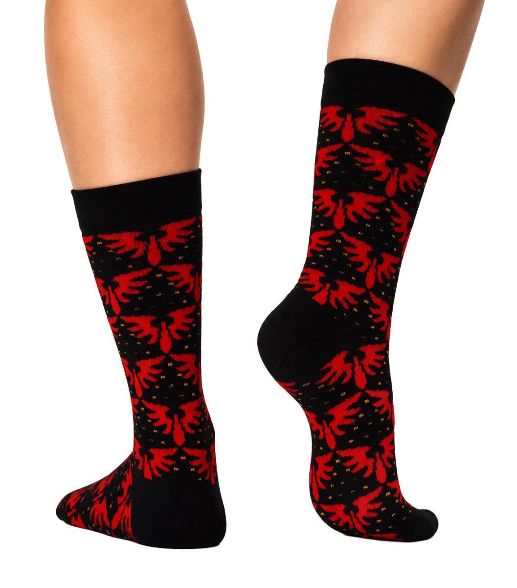 Warhammer 40,000 Blood Angels patterned socks worn, side and heel view