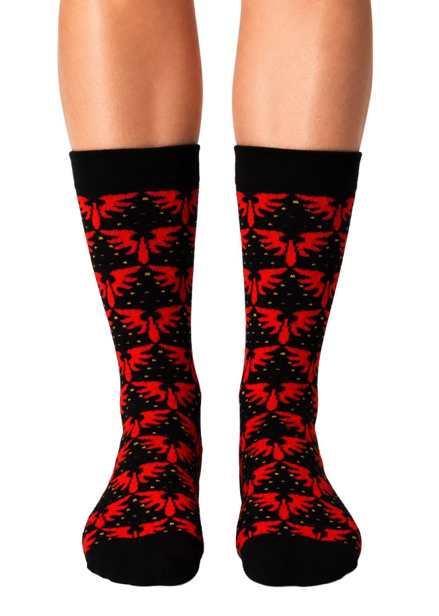 Warhammer 40,000 Blood Angels patterned socks worn, front view