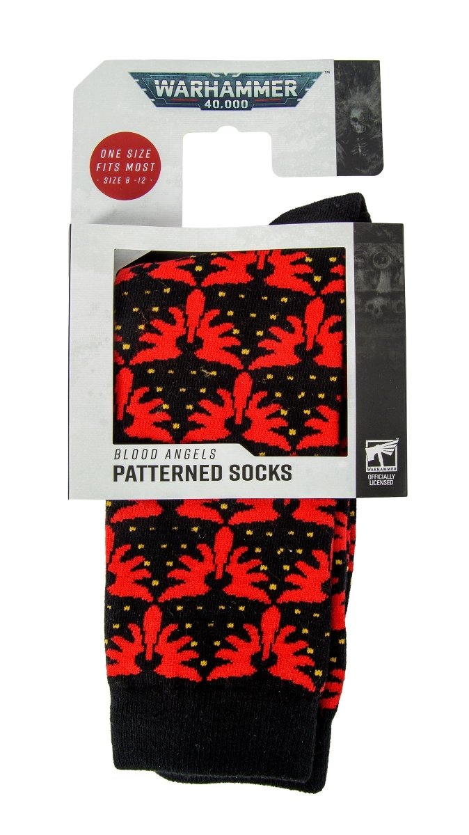 Warhammer 40,000 Blood Angels patterned socks on their hanging card packaging, front