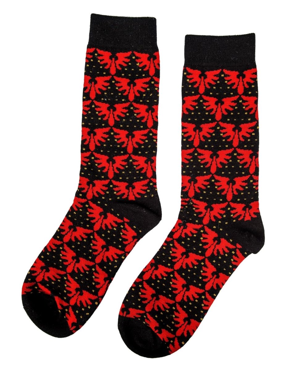 Warhammer 40,000 Blood Angels patterned socks, black with an all-over red winged blood-drop pattern