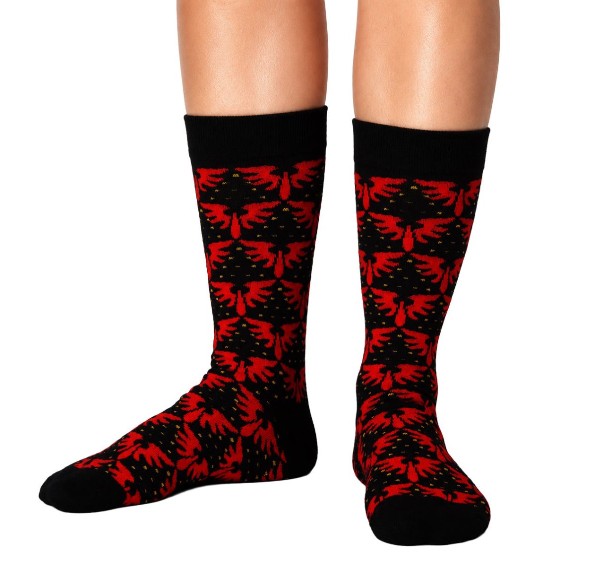 Warhammer 40,000 Blood Angels patterned socks worn, angled view