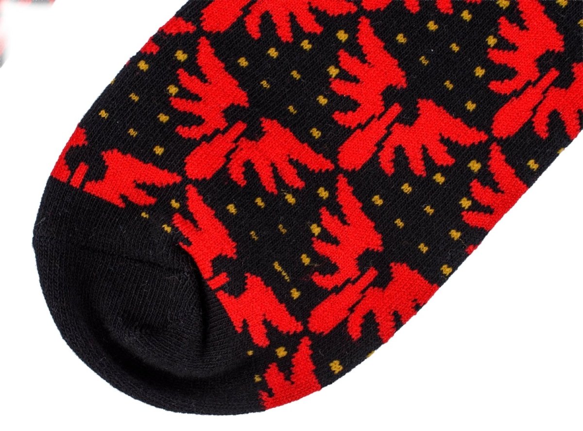 Close-up of the red winged blood-drop pattern and black toe on the Blood Angels socks