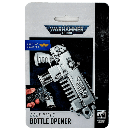 Warhammer 40,000 Bolt Rifle metal bottle opener shaped like a Space Marine boltgun