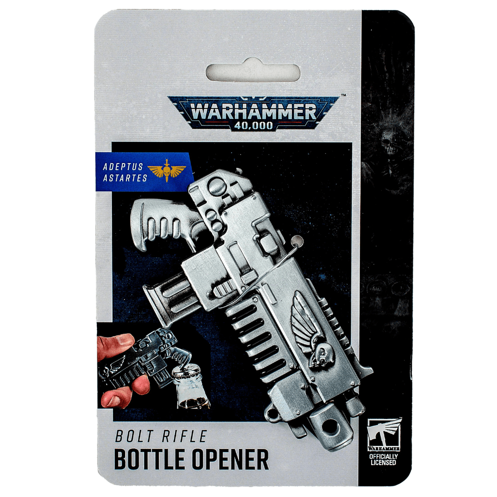 Warhammer 40,000 Bolt Rifle metal bottle opener shaped like a Space Marine boltgun