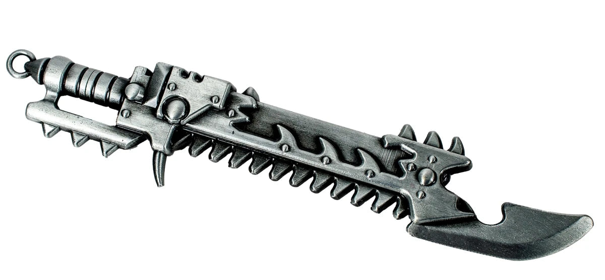 Warhammer 40,000 Chaos chainsword bottle opener in gunmetal finish, full-length side view