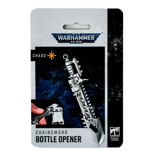 Warhammer 40,000 Chaos Chainsword metal bottle opener with serrated chainblade detailing