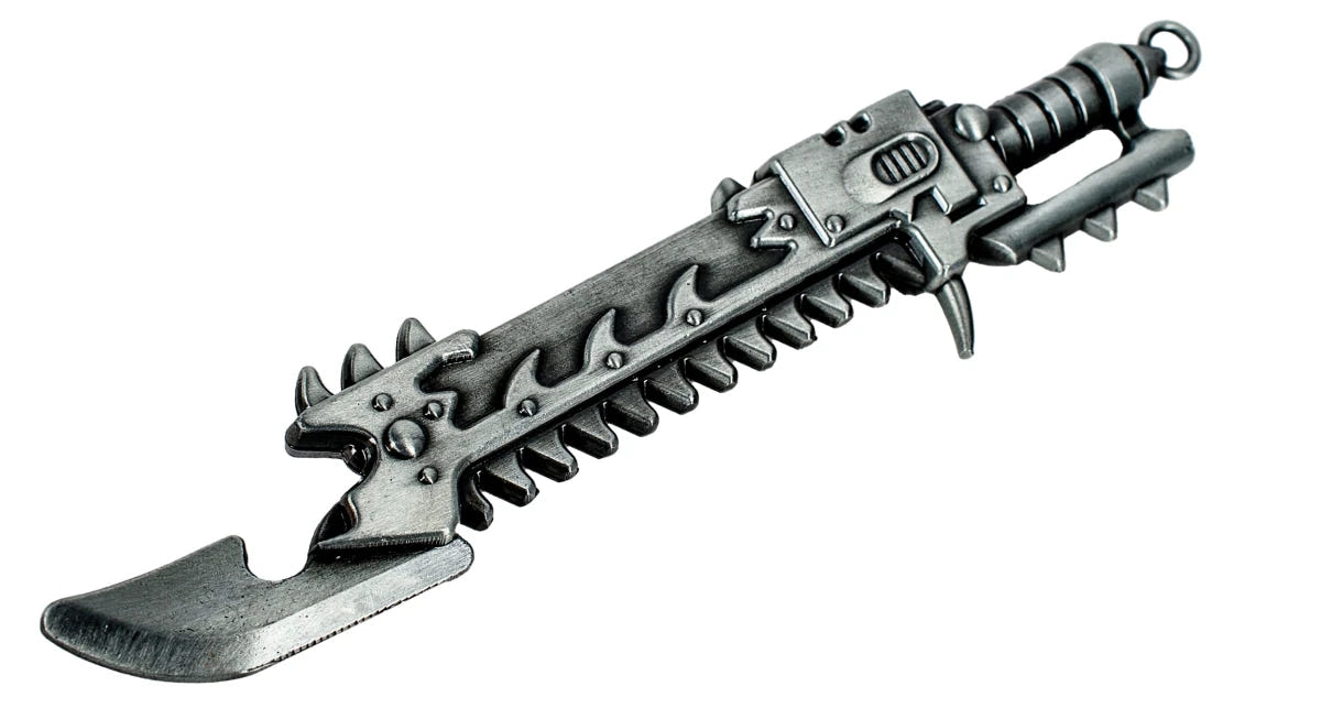 Warhammer 40,000 Chaos chainsword bottle opener, full-length view from the opposite side