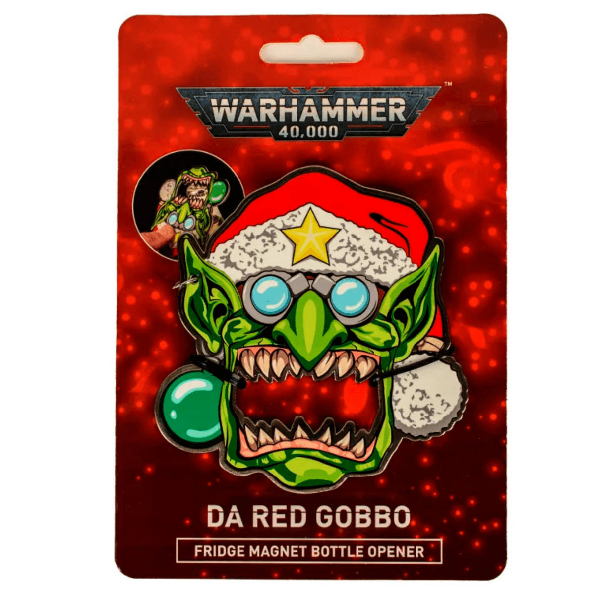 Warhammer 40,000 Da Red Gobbo fridge magnet bottle opener with Santa hat enamel art
