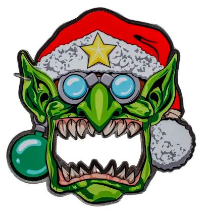 Da Red Gobbo bottle opener front: grinning grot in Santa hat, goggles and bauble