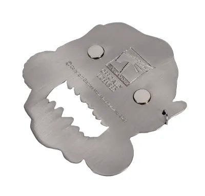 Brushed metal back of the Da Red Gobbo bottle opener showing magnets and opener teeth