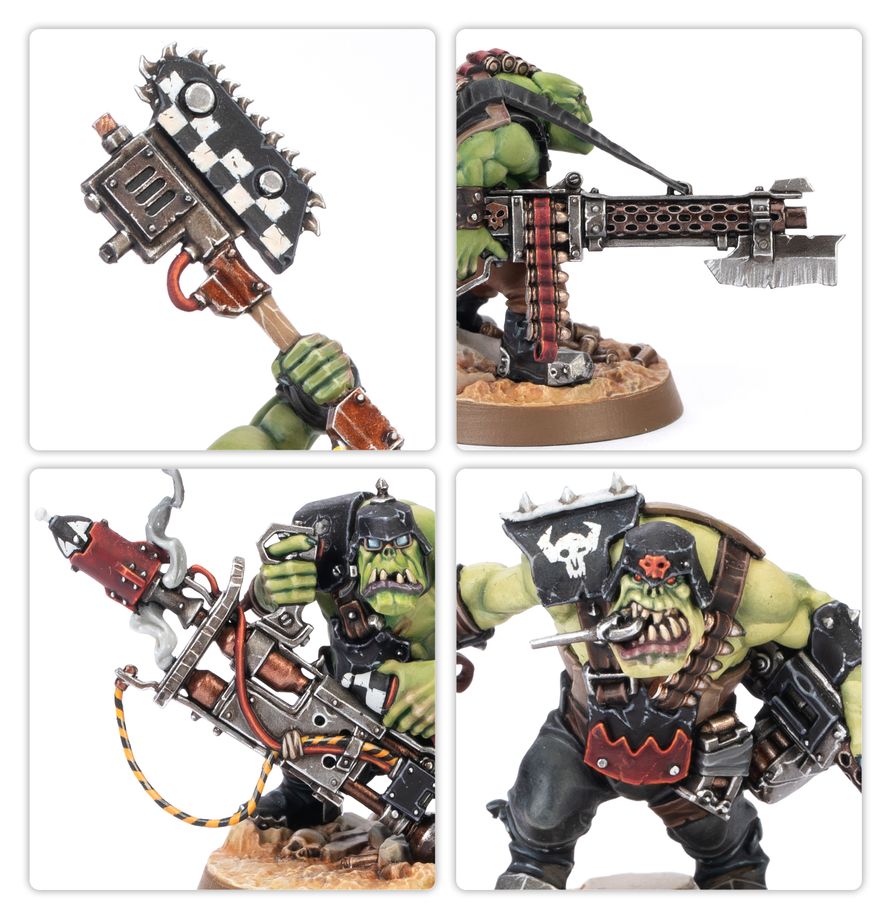 A four-panel collage showing a green-skinned orc miniature figure with a large chainsaw axe, a mounted heavy weapon, a rocket launcher, and a close-up of the figure's face and armor details on a white background.