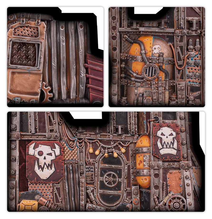 Three-panel preview of a steampunk-themed tabletop gaming terrain piece or printed panel set, showing close-up details of a rusted metal wall with pipes, vents, bolts, and skull insignia.