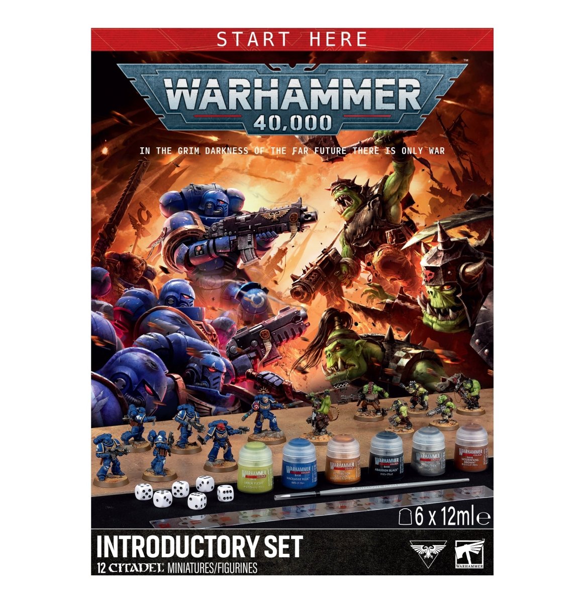 Warhammer 40,000 Introductory Set paint kit box front, showing illustrated sci-fi battle art, a row of small paint bottles, miniatures, dice, and the Warhammer 40,000 branding.