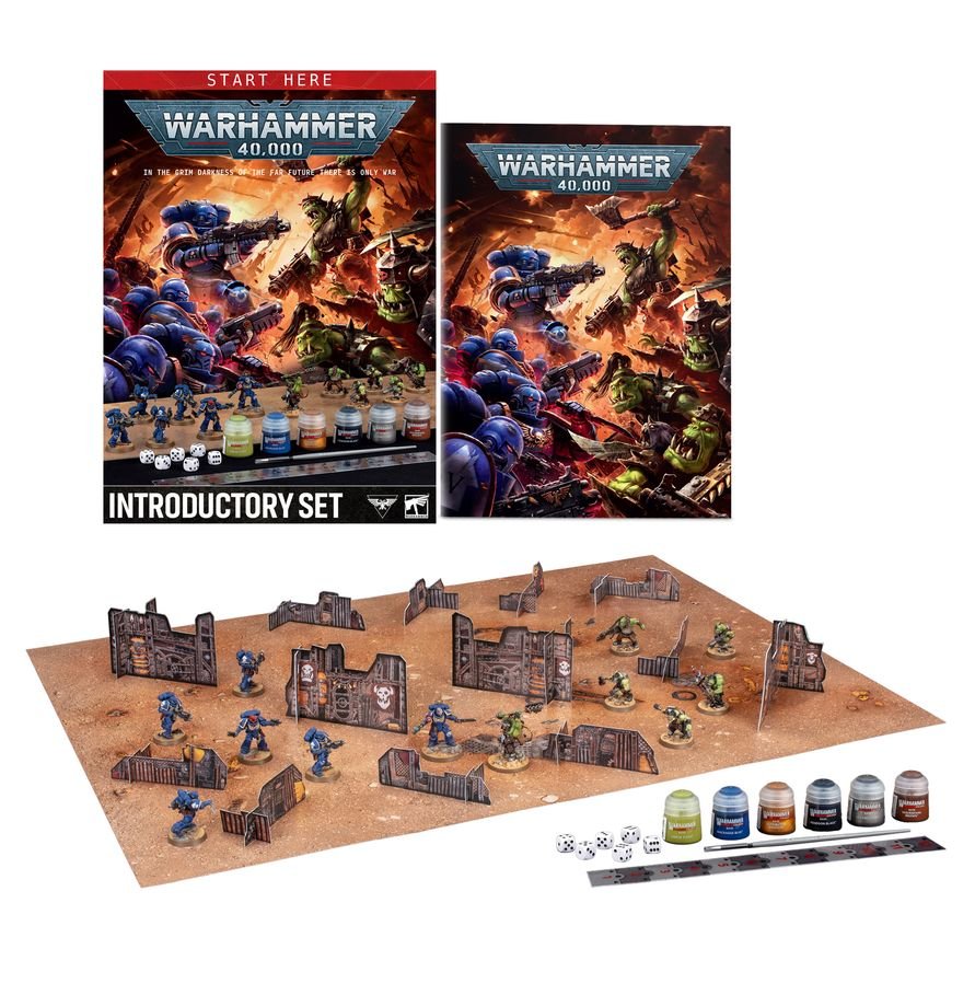 Warhammer 40k Introductory Set tabletop miniatures kit on a white background, showing the box, booklet, terrain pieces, painted miniatures, and paint bottles.