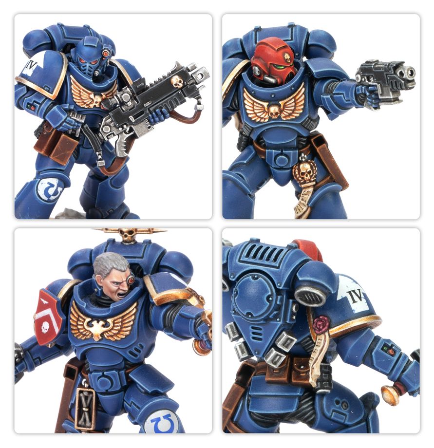 Four-panel product display of a painted miniature figurine of a blue Space Marine soldier, showing front, back, and close-up views on a white background.