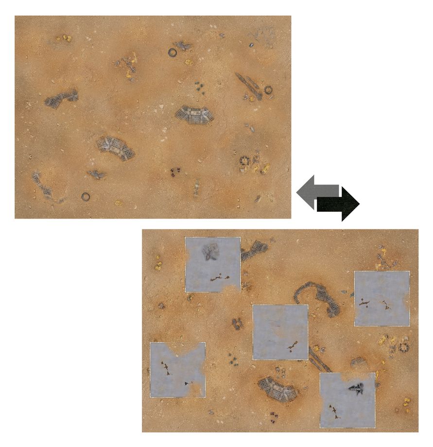 A product demonstration image showing a textured tan surface with several dark, irregularly shaped inclusions or spots. The top panel shows the full surface, while the bottom panel shows the same surface with four light gray square overlays highlighting specific areas of the texture and inclusions.