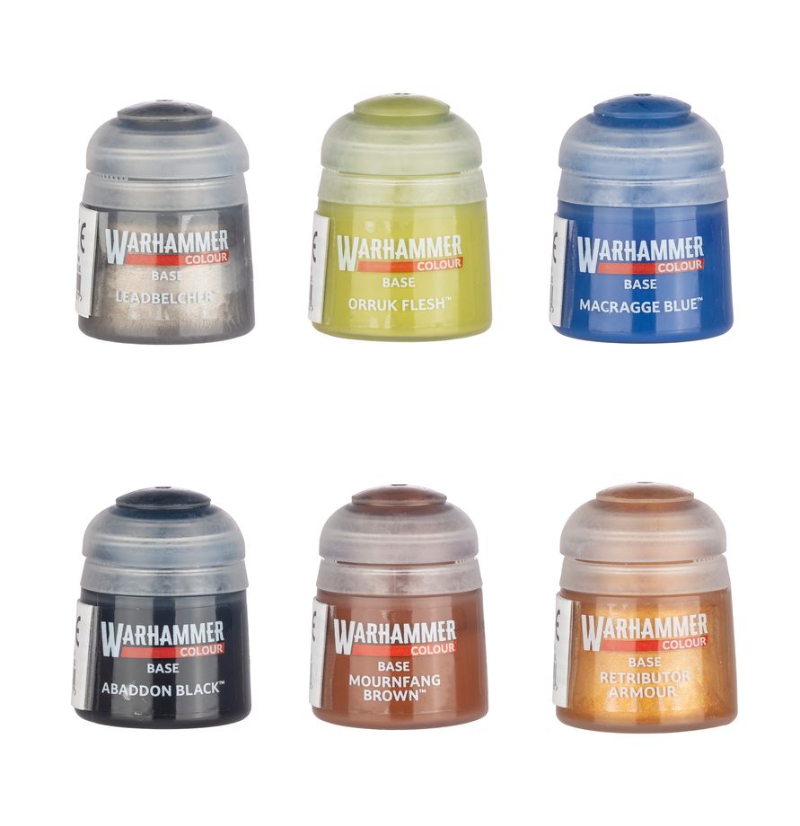 Six Warhammer 40k 'Colour' base paint bottles arranged in two rows of three on a plain white background. The bottles contain grey, olive green, blue, black, brown, and copper-gold paints.