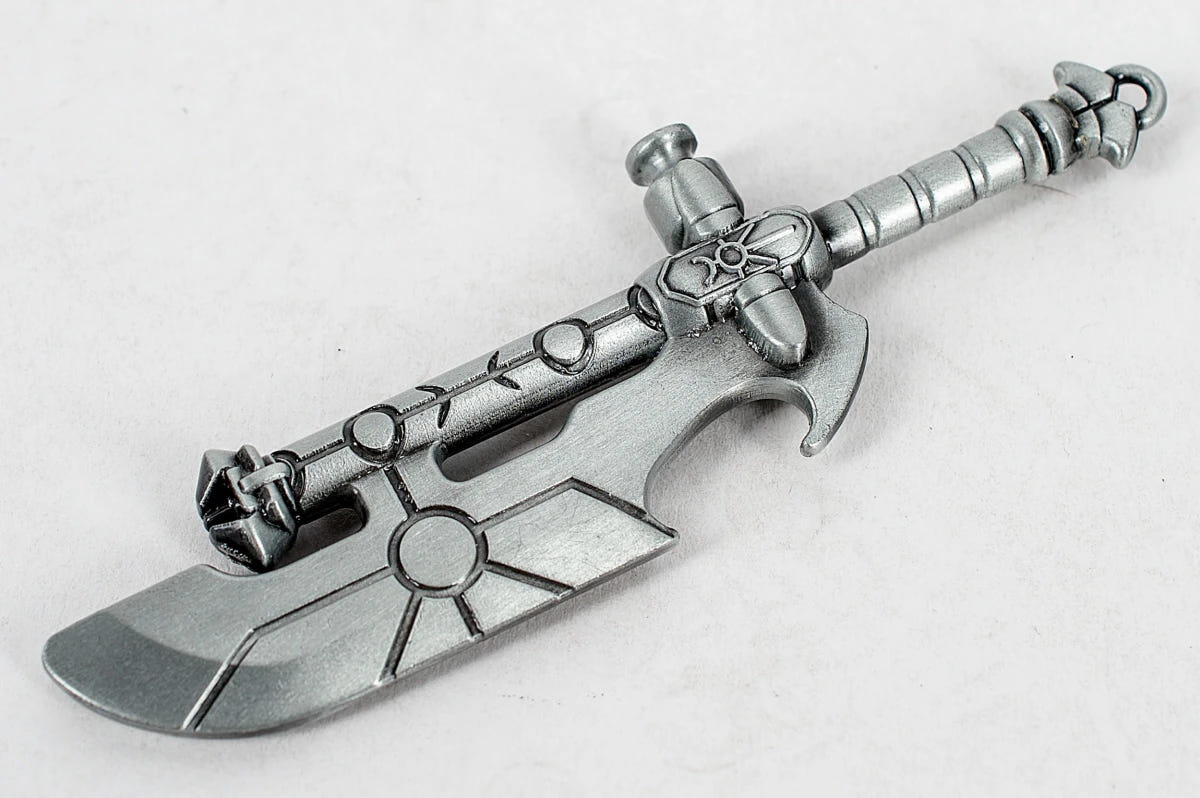 Necron Hyperphase Sword bottle opener lying flat, full length view from the pommel end