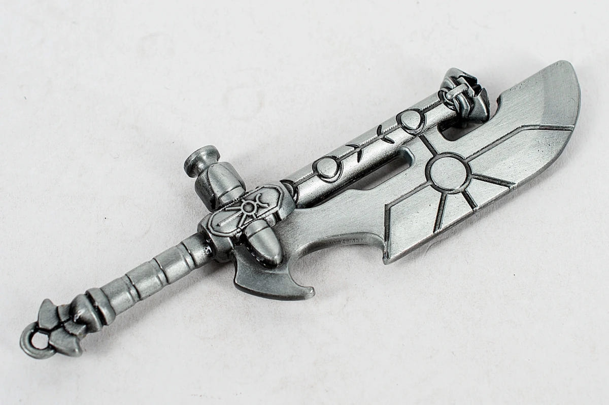 Warhammer 40,000 Necron Hyperphase Sword bottle opener in pewter-effect metal, full length view
