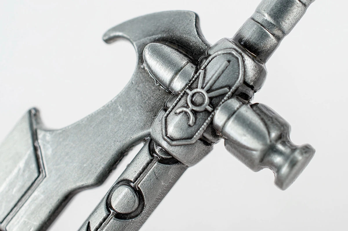 Necron Hyperphase Sword bottle opener, angled view of the crossguard and opener notch