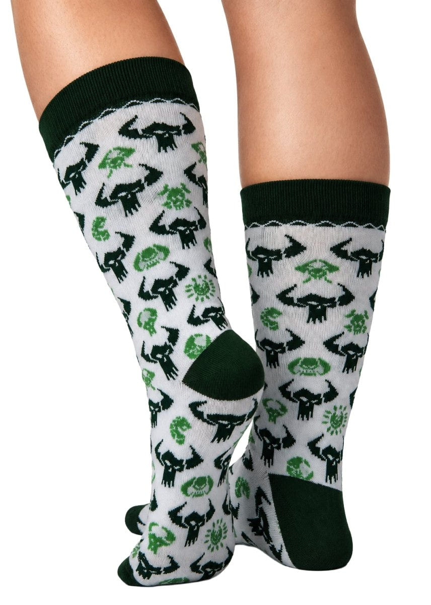 Warhammer 40,000 Orks patterned socks worn, back view showing green heels